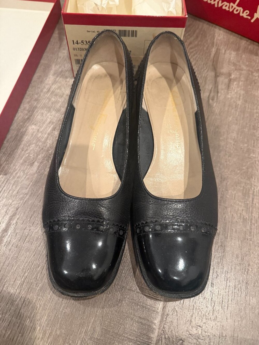 Salvatore Ferragamo Lesta Black Leather & Patent Cap Toe Ballet Flats | Size 9.5